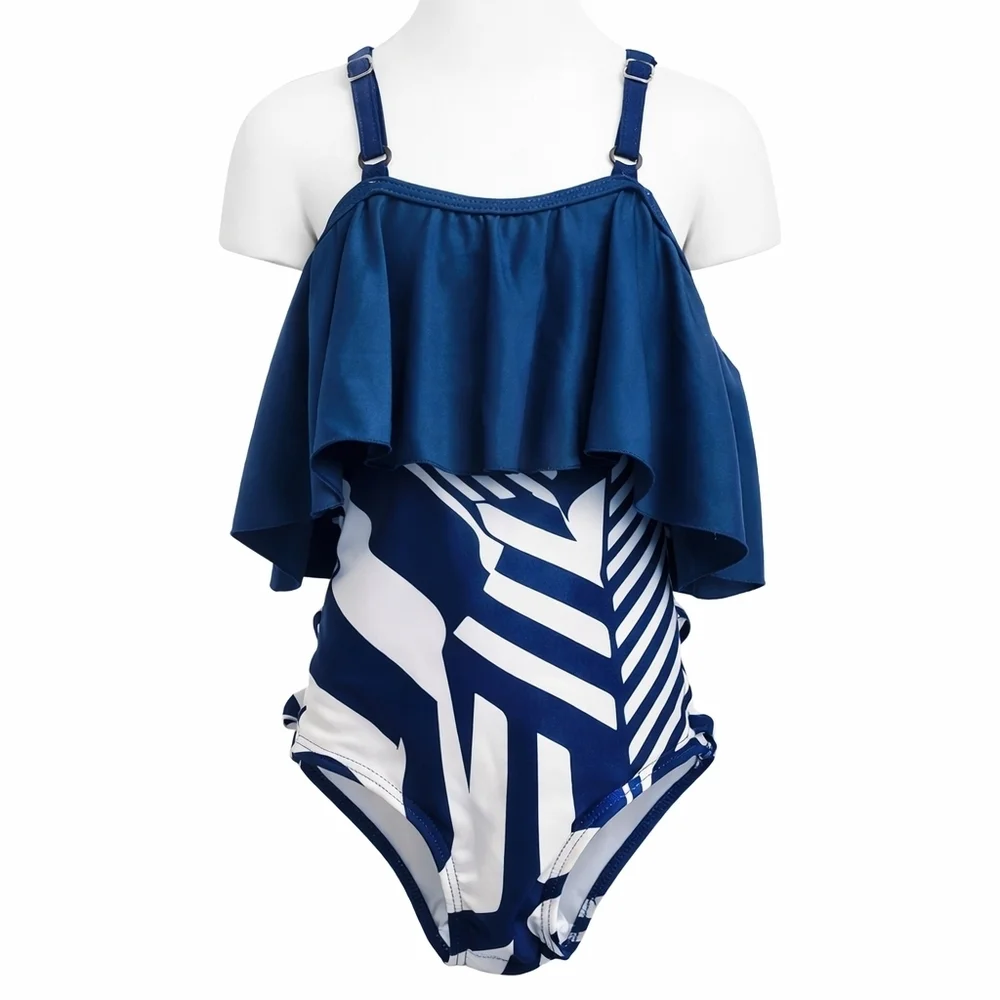 PatPat Girls 3-4Y Blue Geometric One-Shoulder Ruffle Swimsuit Cutout